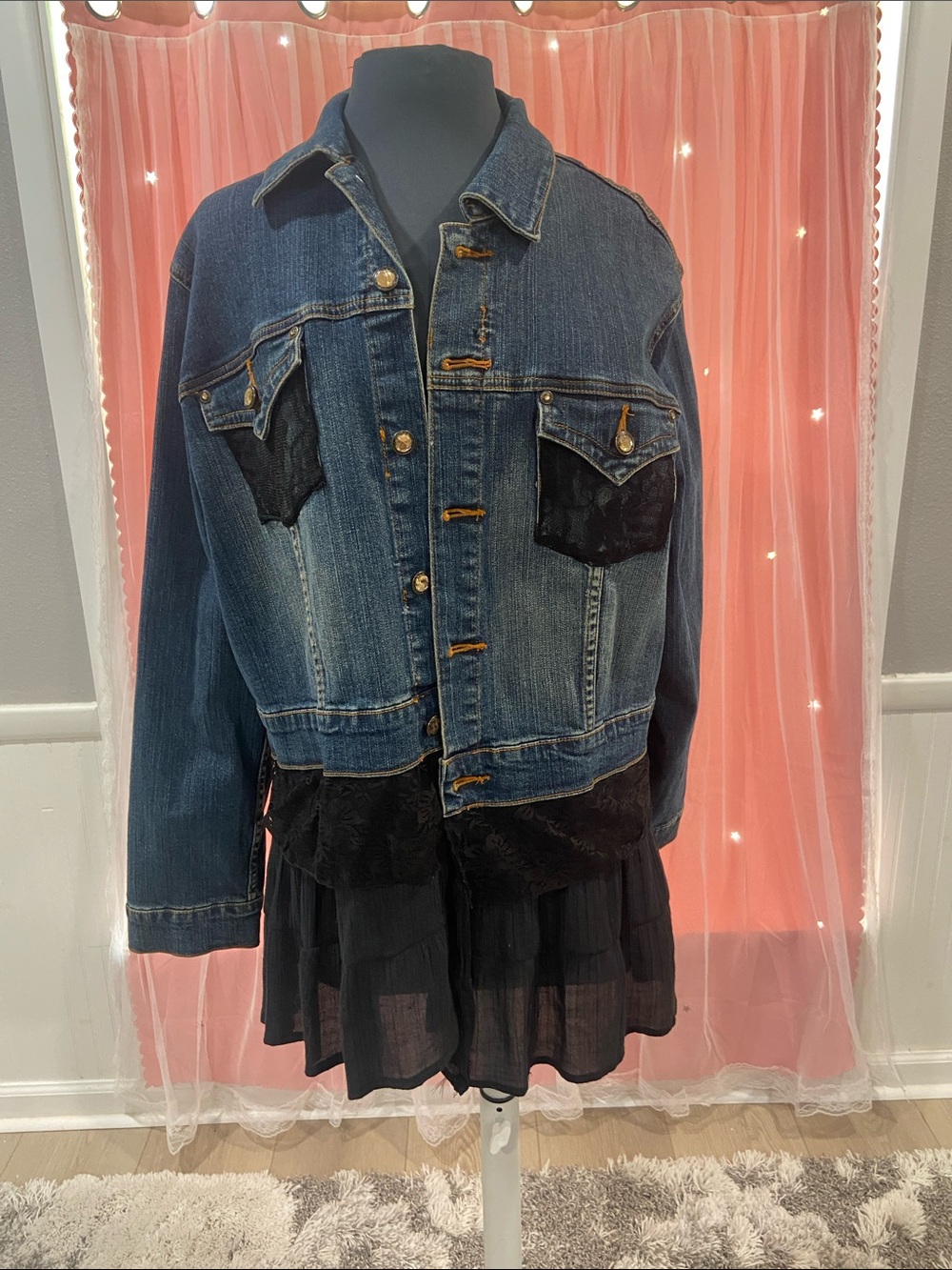 Mixit Blue Denim Jacket with Black Lace Accents. Size 2X